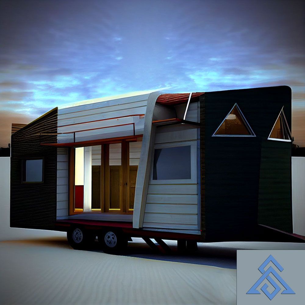A 3d rendering of a tiny house on wheels