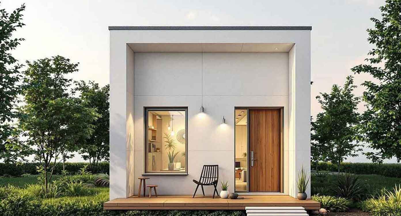 A small white house with a wooden door and a wooden porch surrounded by trees.