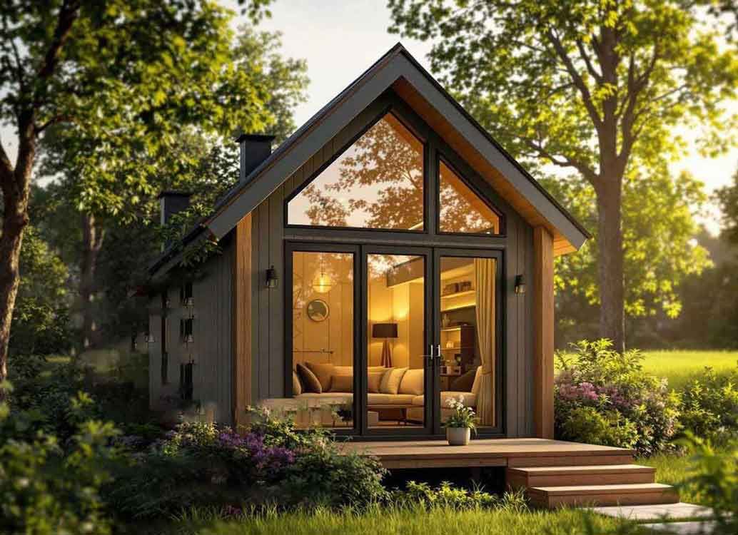 A small house with a lot of windows is surrounded by trees.