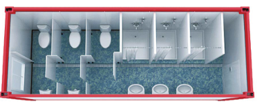 An aerial view of a bathroom with toilets and sinks.