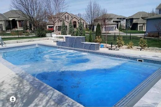 Custom Inground Pools Outdoor backyard swimming pool with blue water, stone deck, and suburban houses in the background