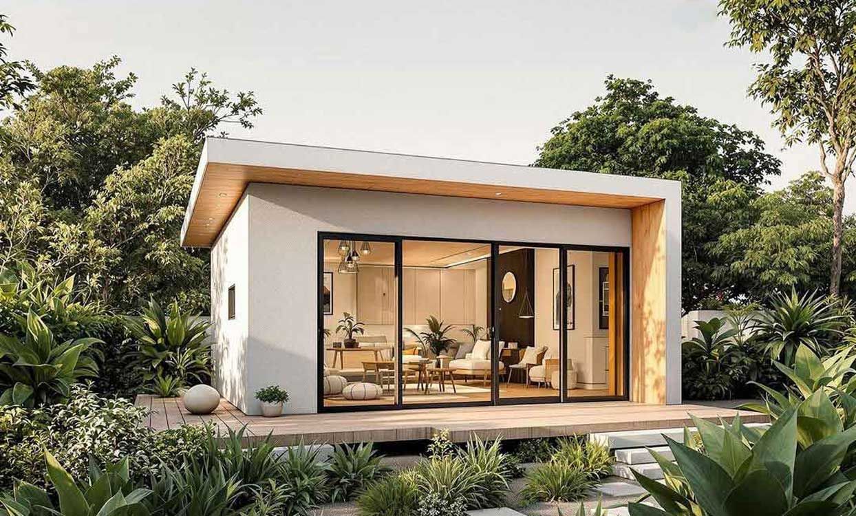 A small white house with a lot of windows is surrounded by trees.