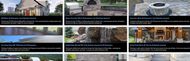 A collage of pictures of a house and a fire pit.