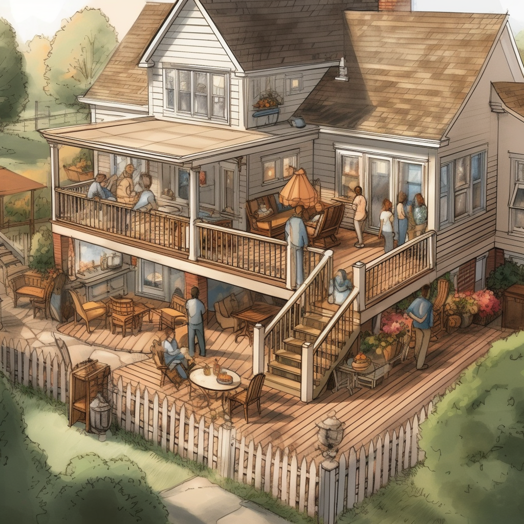 Have you ever imagined hosting the perfect summer barbecue or enjoying a warm, cozy evening with your loved ones on your very own deck? Well, you're not alone! Many homeowners dream of having a beautifully crafted deck, but finding the right deck construction company near me can be a daunting task. In this article, we'll dive into the world of deck construction companies, share some real-life examples, and help you find the perfect contractor for building a deck. A drawing of a house with a large deck and people sitting on it.
