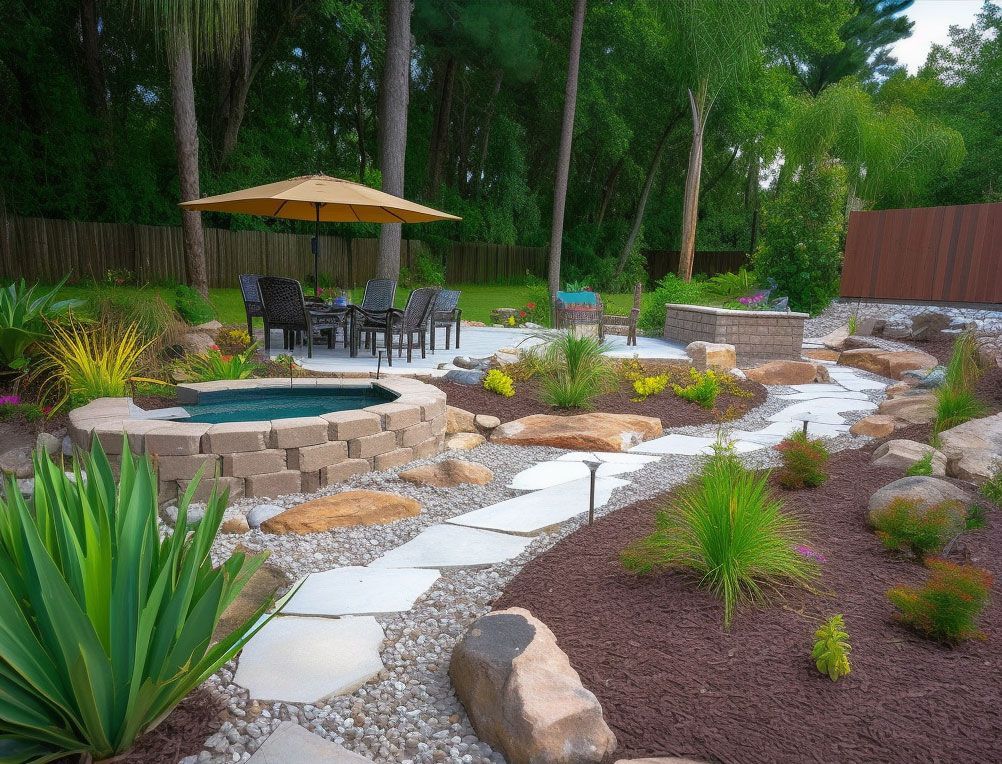 The Art of Landscaping: Designing a Low-Maintenance, Eco-Friendly Backyard Oasis A backyard with a hot tub and a patio area with a table and chairs under an umbrella.