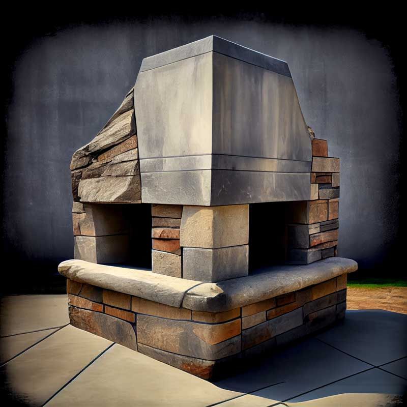 A stone fireplace is sitting on a concrete patio
