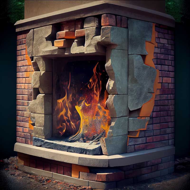 A brick fireplace with a fire in it