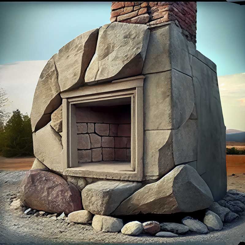 A fireplace made out of rocks with a brick chimney