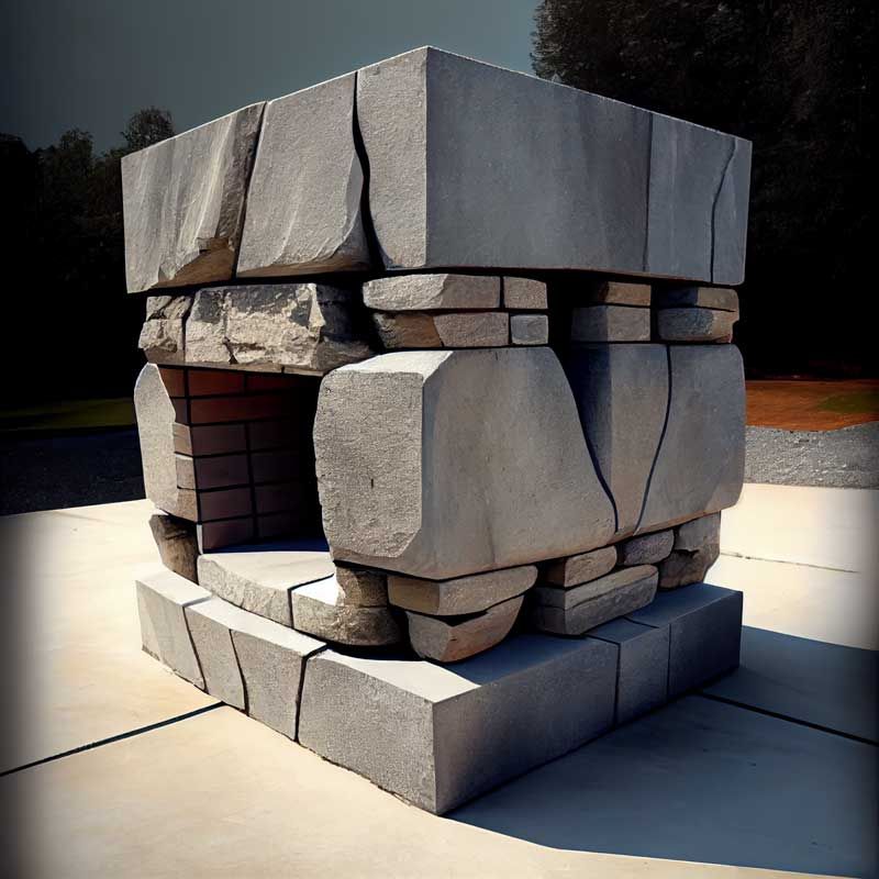A large stone sculpture is sitting on a sidewalk