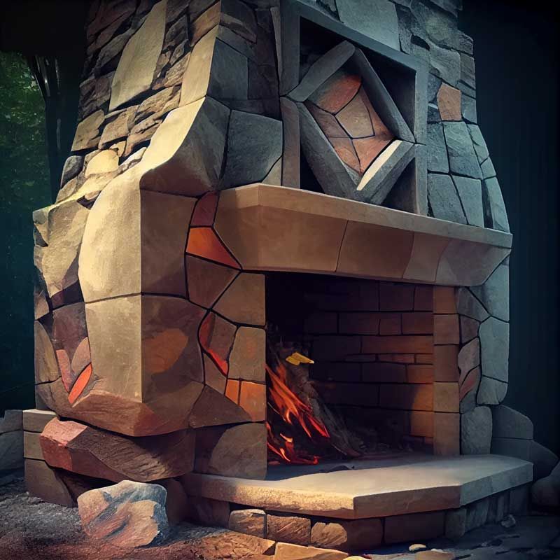 A stone fireplace with a fire inside of it