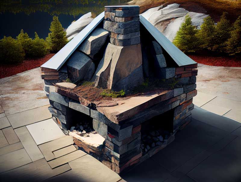 A stone fireplace with a metal roof sits on a patio
