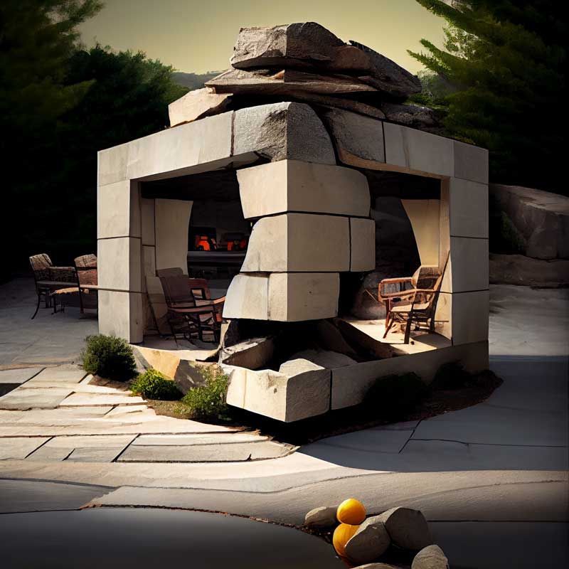 A stone structure with a fireplace inside of it
