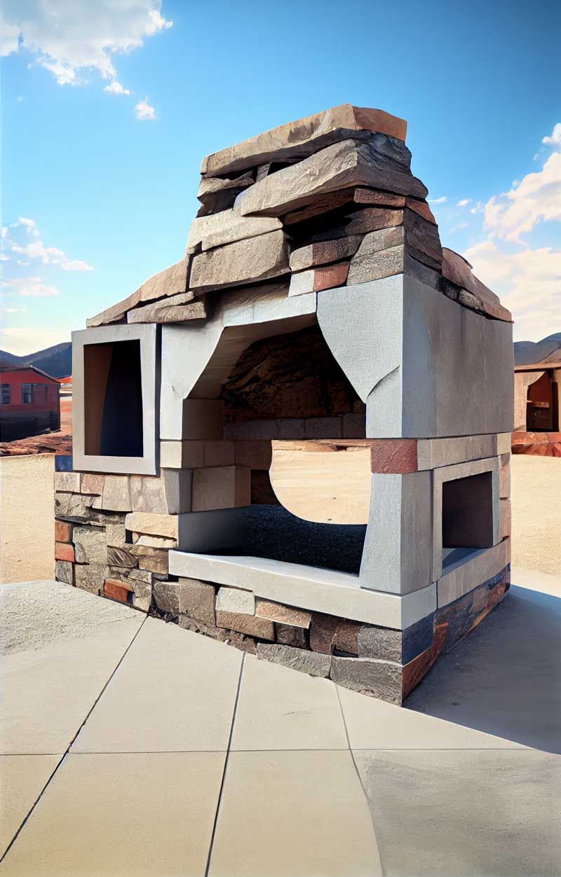 A stone fireplace with a hole in the middle is sitting on a sidewalk.