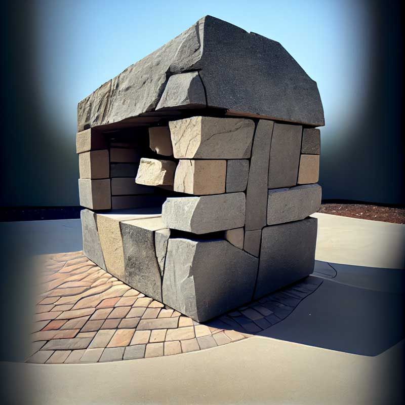 A large stone structure is sitting on a brick walkway