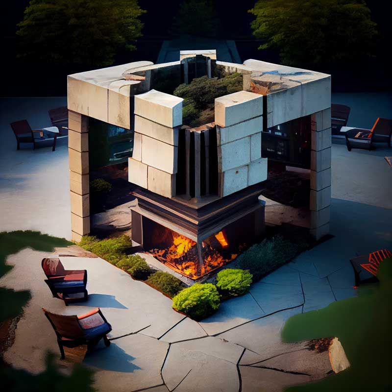 A fireplace in the middle of a patio with chairs around it