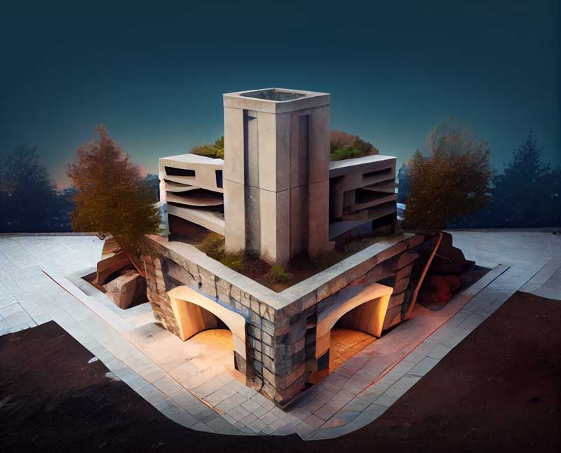 A 3d model of a building with trees in the background