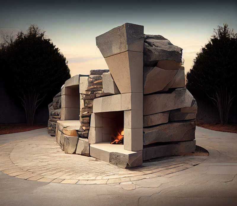 A large rock sculpture with a fireplace in the middle of it