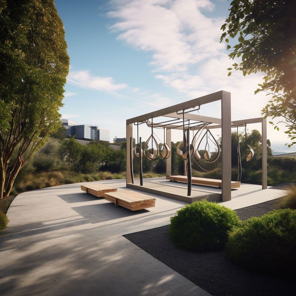 Discover how to create a serene outdoor wellness space in your backyard, complete with meditation gardens, yoga decks, and calming water features. An artist 's impression of a park with swings and benches