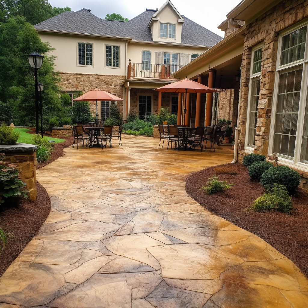Discover the benefits of stamped concrete patios, a versatile and budget-friendly option for homeowners. Explore customization possibilities, functional features, and tips on choosing the right contractor. A patio with tables and chairs and umbrellas in front of a large house