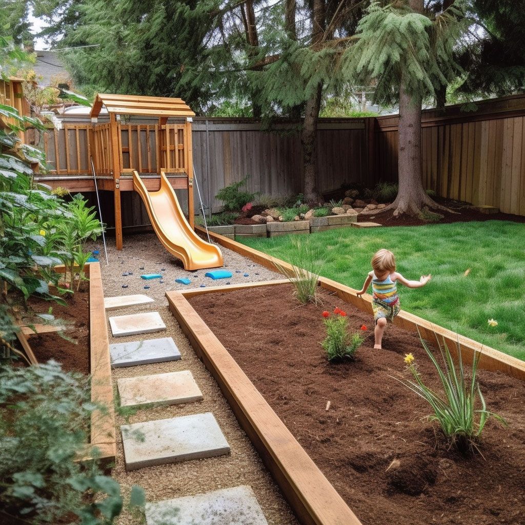 Learn how to design a safe and enjoyable kid-friendly backyard with play structures, sensory gardens, and family spaces. A little girl is playing in a backyard with a slide