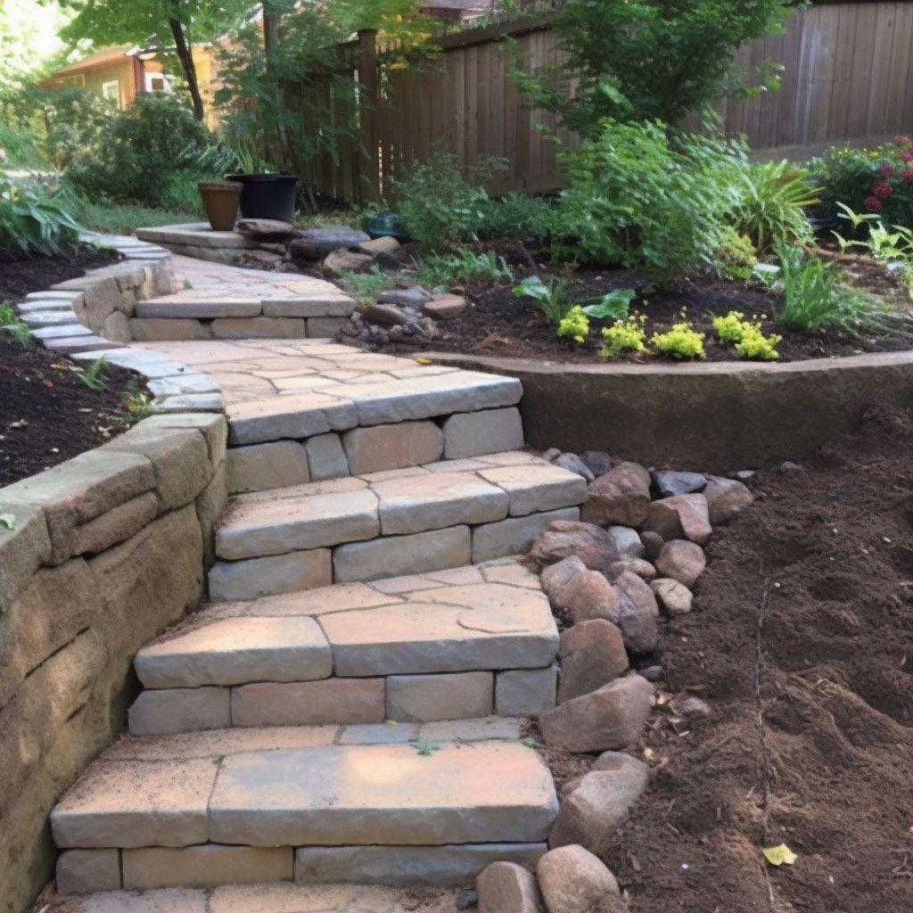 Learn the essentials of hardscaping, from materials and techniques to best practices for creating a beautiful and functional outdoor space. A set of stone stairs in a garden with a fence in the background