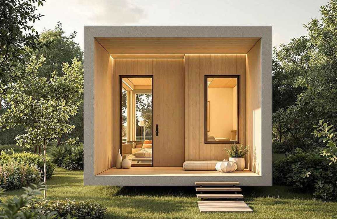 A small house is sitting on top of a lush green field.