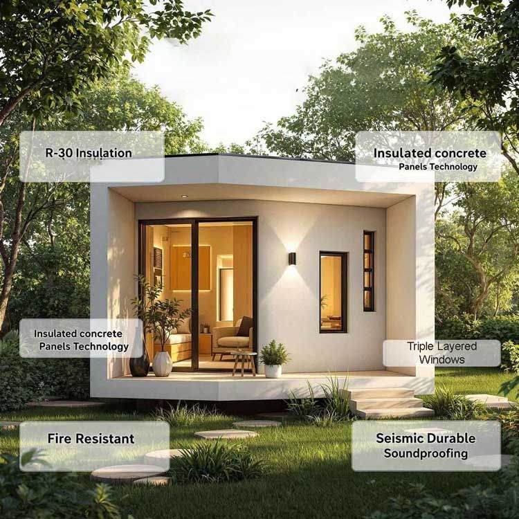 A small white house with a lot of windows is surrounded by trees.