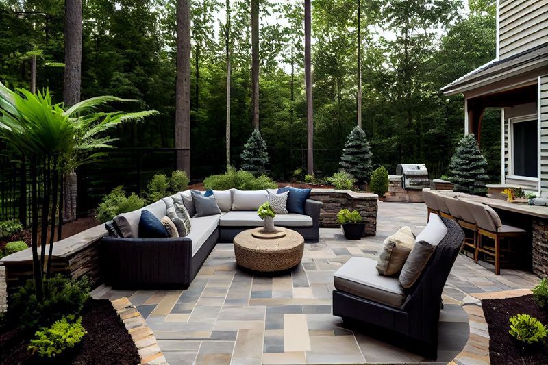 A patio with a sectional couch , chairs , a table and a grill.