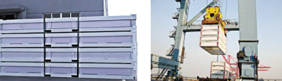 A picture of a building and a picture of a container being lifted by a crane.