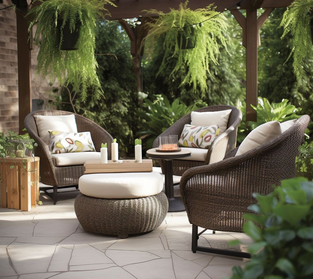 A patio with chairs and a table under a pergola