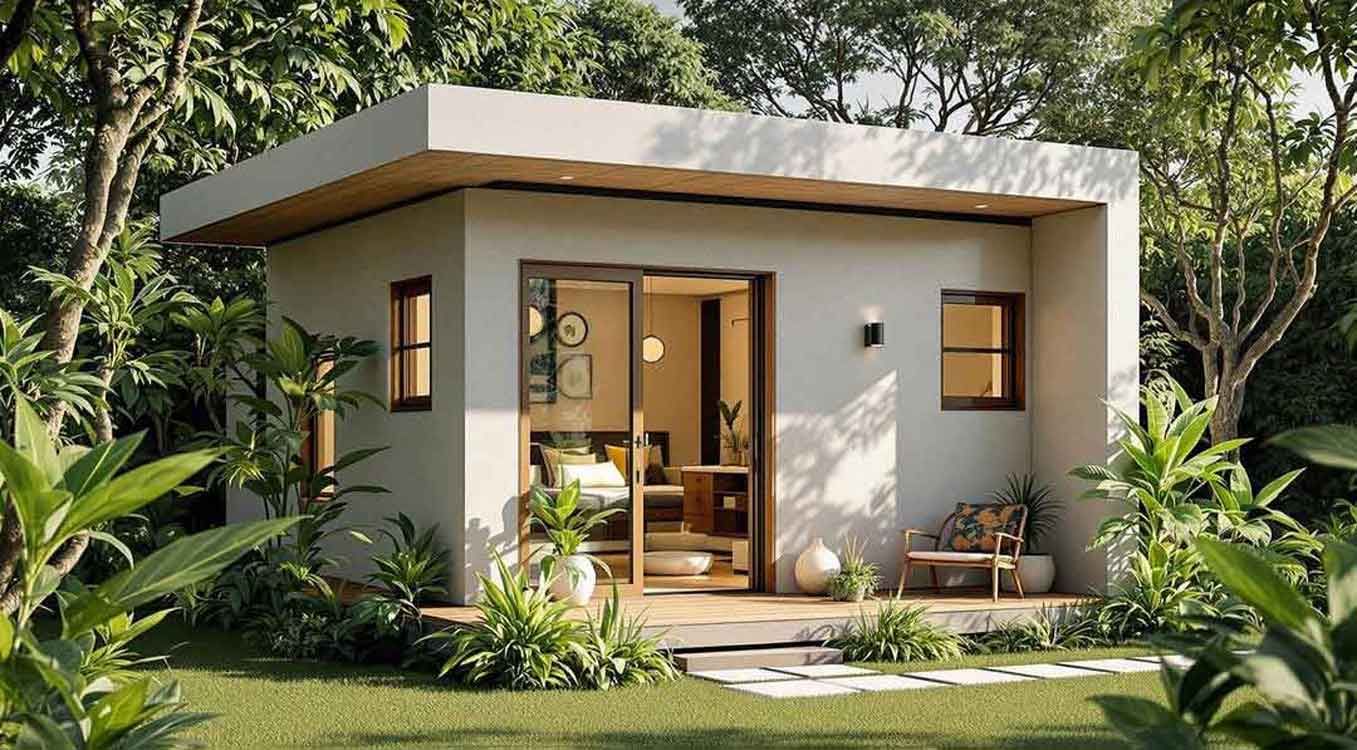 A small white house with a sliding glass door is surrounded by trees and grass.