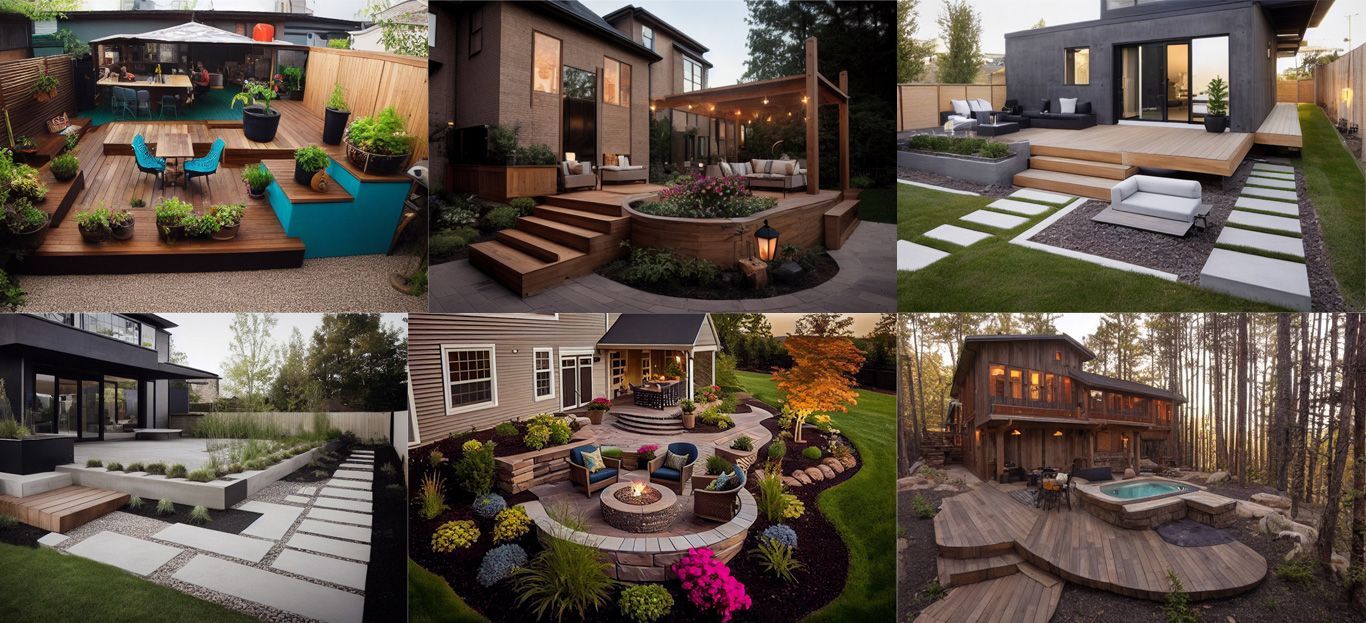 A collage of pictures of different types of backyard designs.