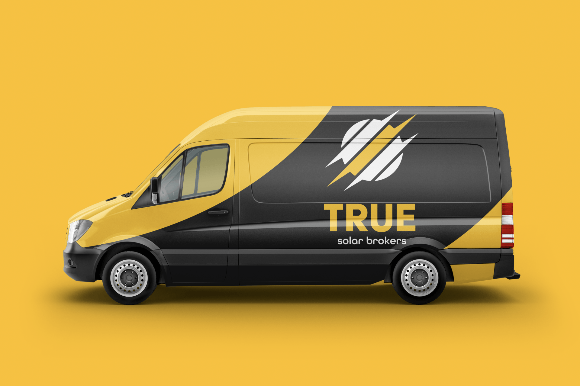 a black and yellow van is parked on a yellow background .