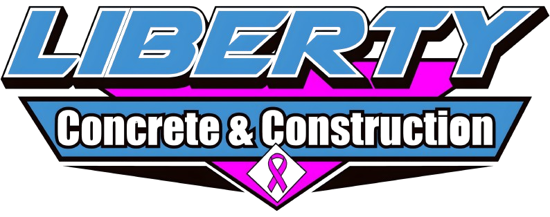 Blue and grey logo for Liberty Concrete & Construction featuring an excavator graphic above text listing services.