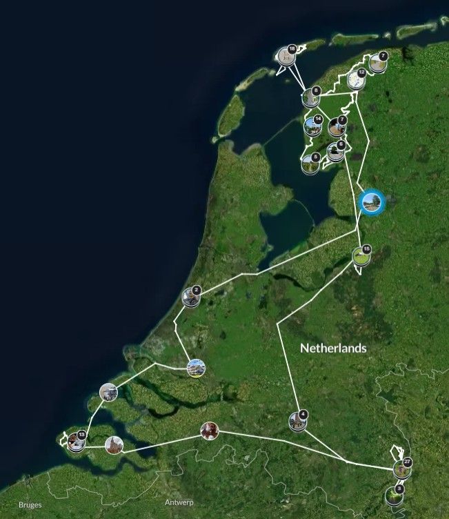 Kaart van Nederland met een route aangegeven door witte lijnen en diverse pictogrammen.