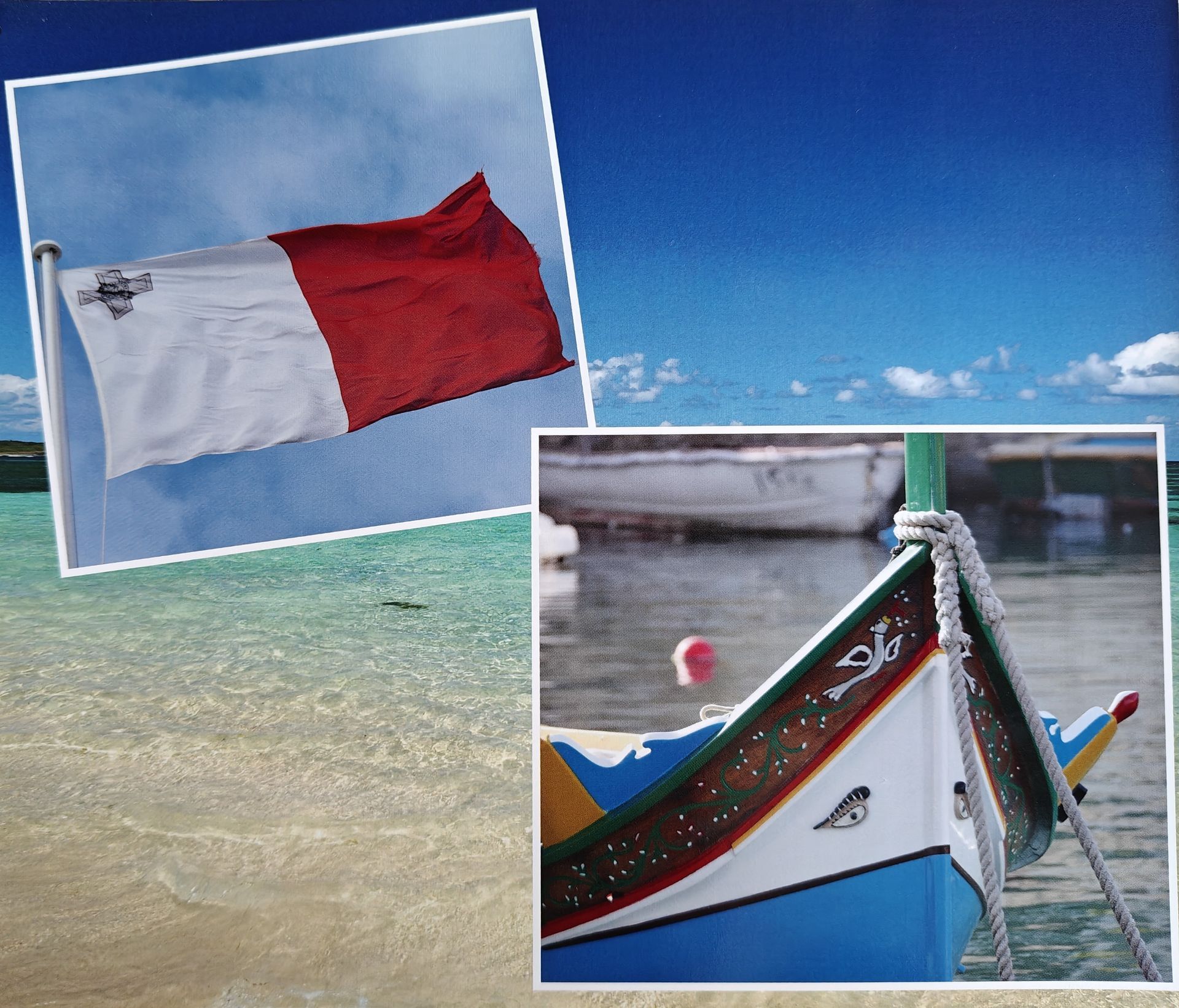 De Maltese vlag wappert; een Maltese luzzu-boot; een helderblauwe lucht en turkoois water.