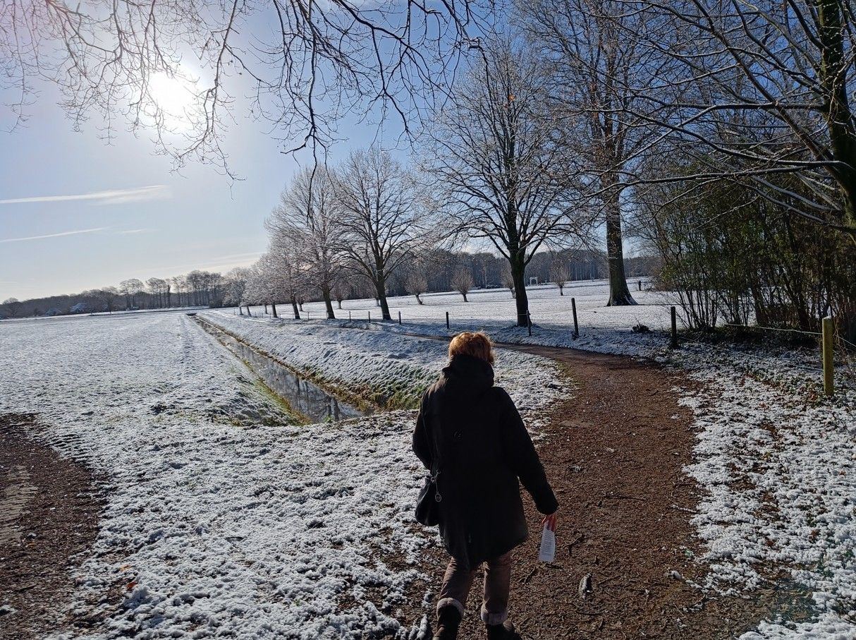 Een persoon loopt over een pad in een besneeuwd veld, met de felle zon aan de hemel. Bomen en een sloot zijn zichtbaar.