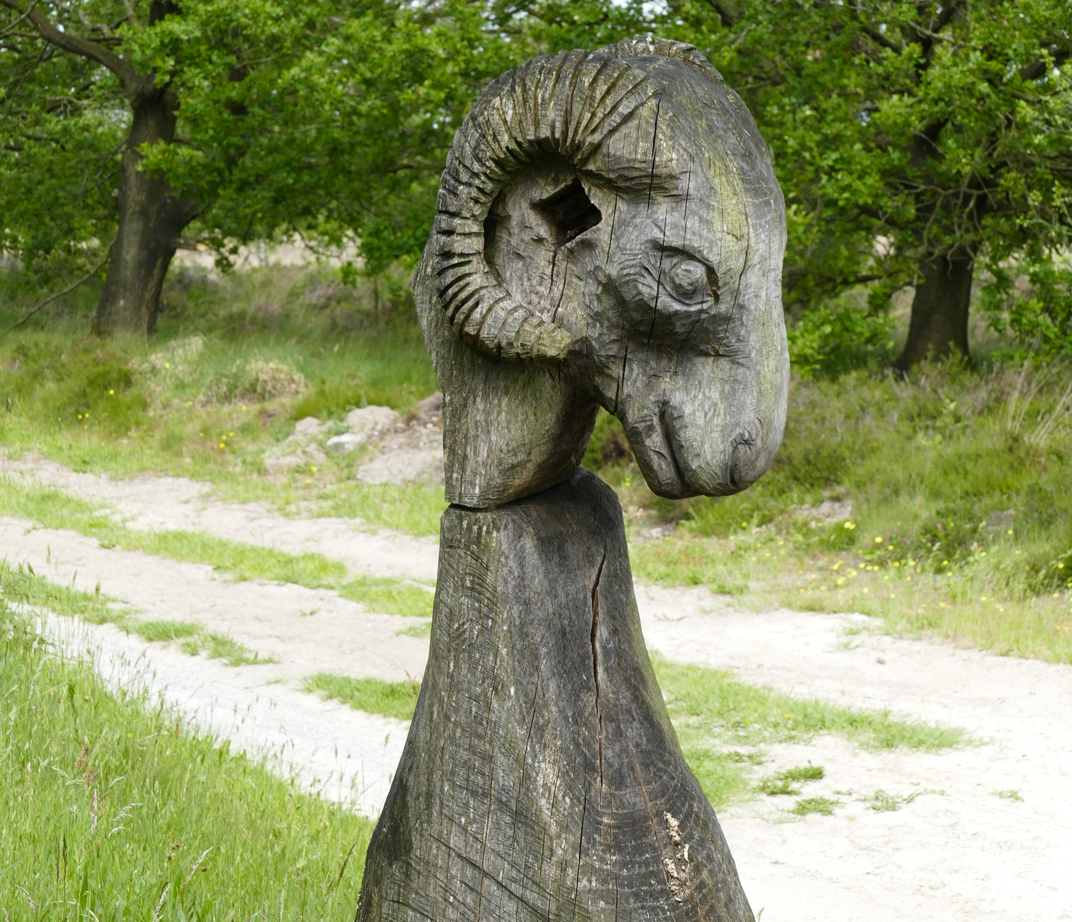 Een verweerde, uit hout gesneden sculptuur in een grasrijk park naast een zandpad en bomen.