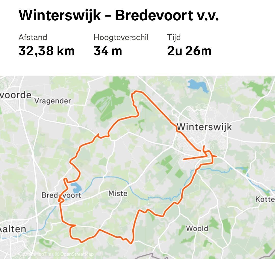 Routekaart van een hardloopwedstrijd van 32,38 km van Winterswijk naar Bredevoort v.v., met oranje pad op een groene kaart.