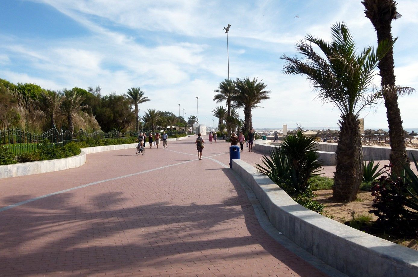 Een geplaveide promenade langs een strand met palmbomen en joggende mensen. Blauwe lucht met wolken.