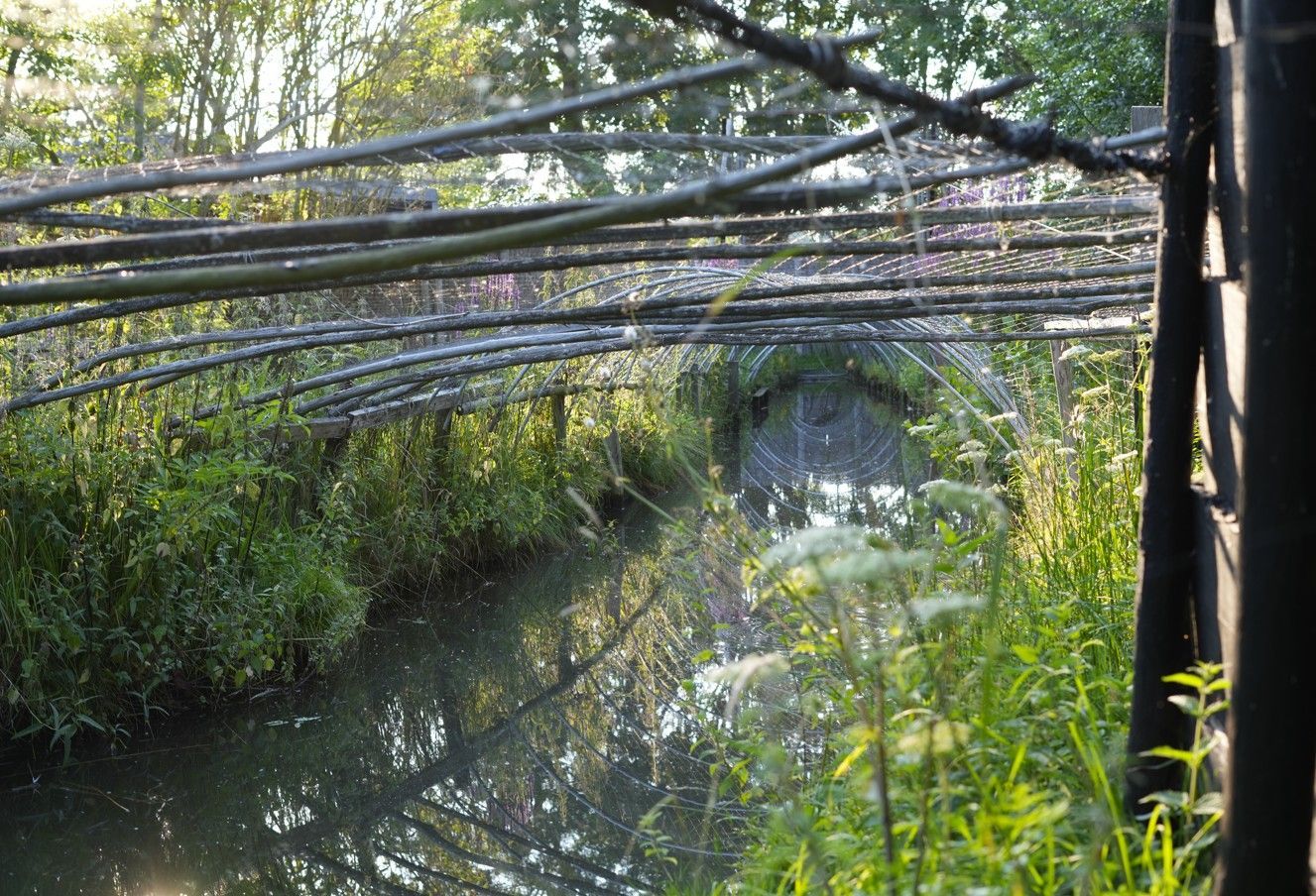 Een houten boogconstructie over een beek, omgeven door groen gebladerte.