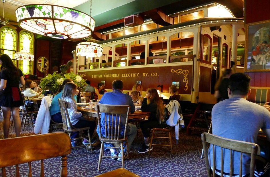 Restaurantinterieur met zittende gasten rondom tafels; decoratieve tramgevel, plafondlamp van gebrandschilderd glas.