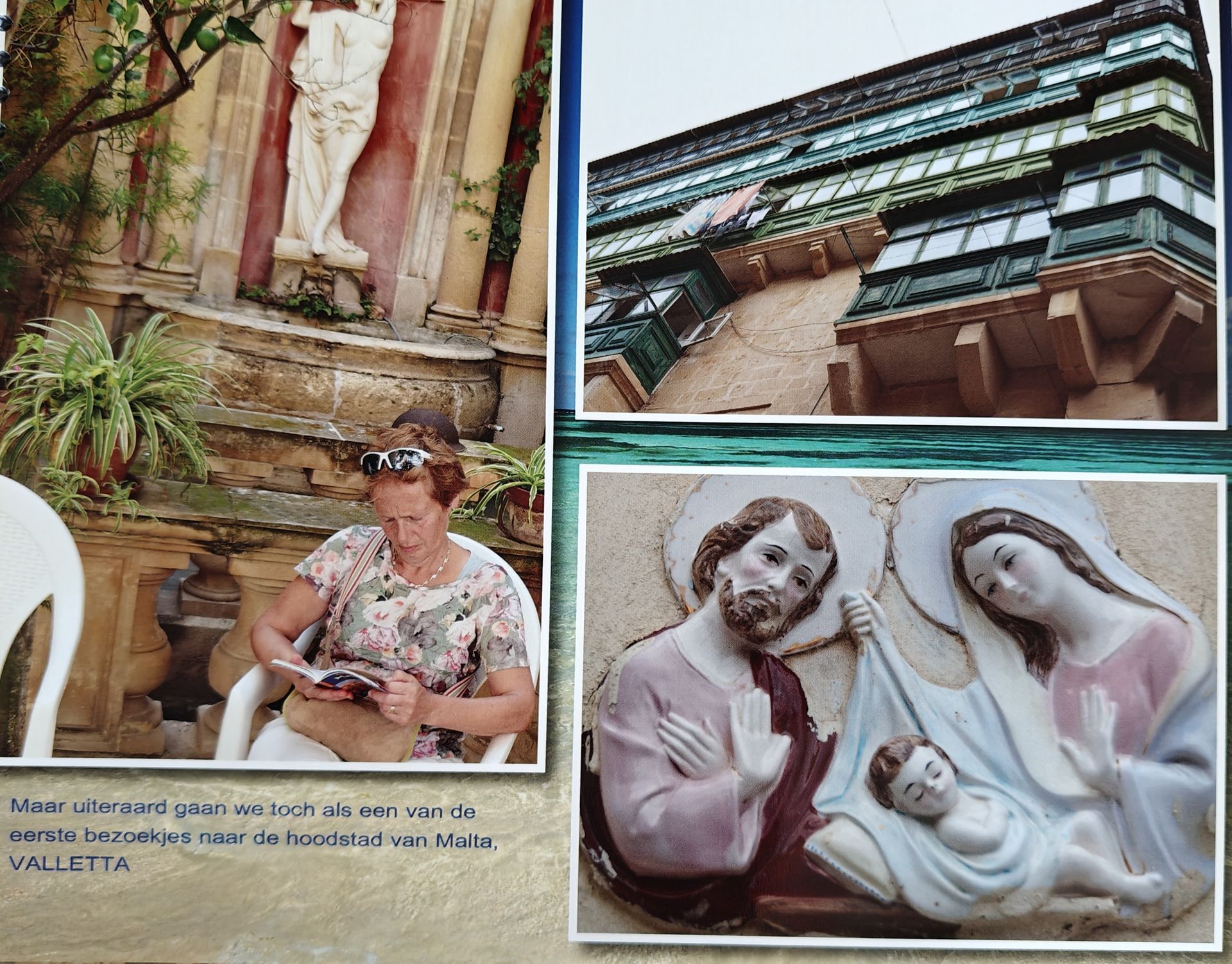 Een vrouw leest voor een sierlijk standbeeld. Andere afbeeldingen tonen een gebouwgevel en een religieus reliëf.