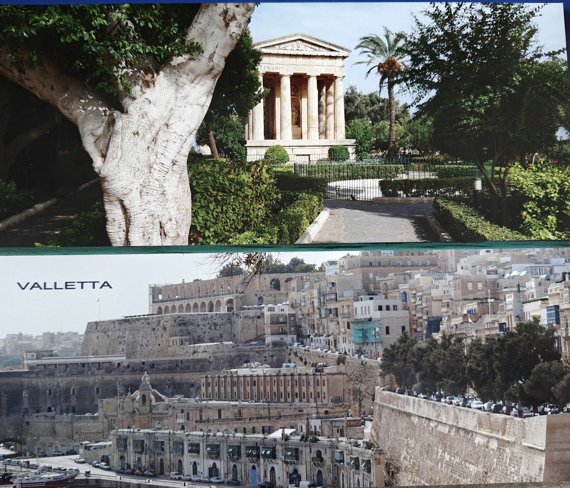 Boven: Klassieke tempel in een park. Onder: Stadsgezicht van Valletta, Malta, met vestingwerken.