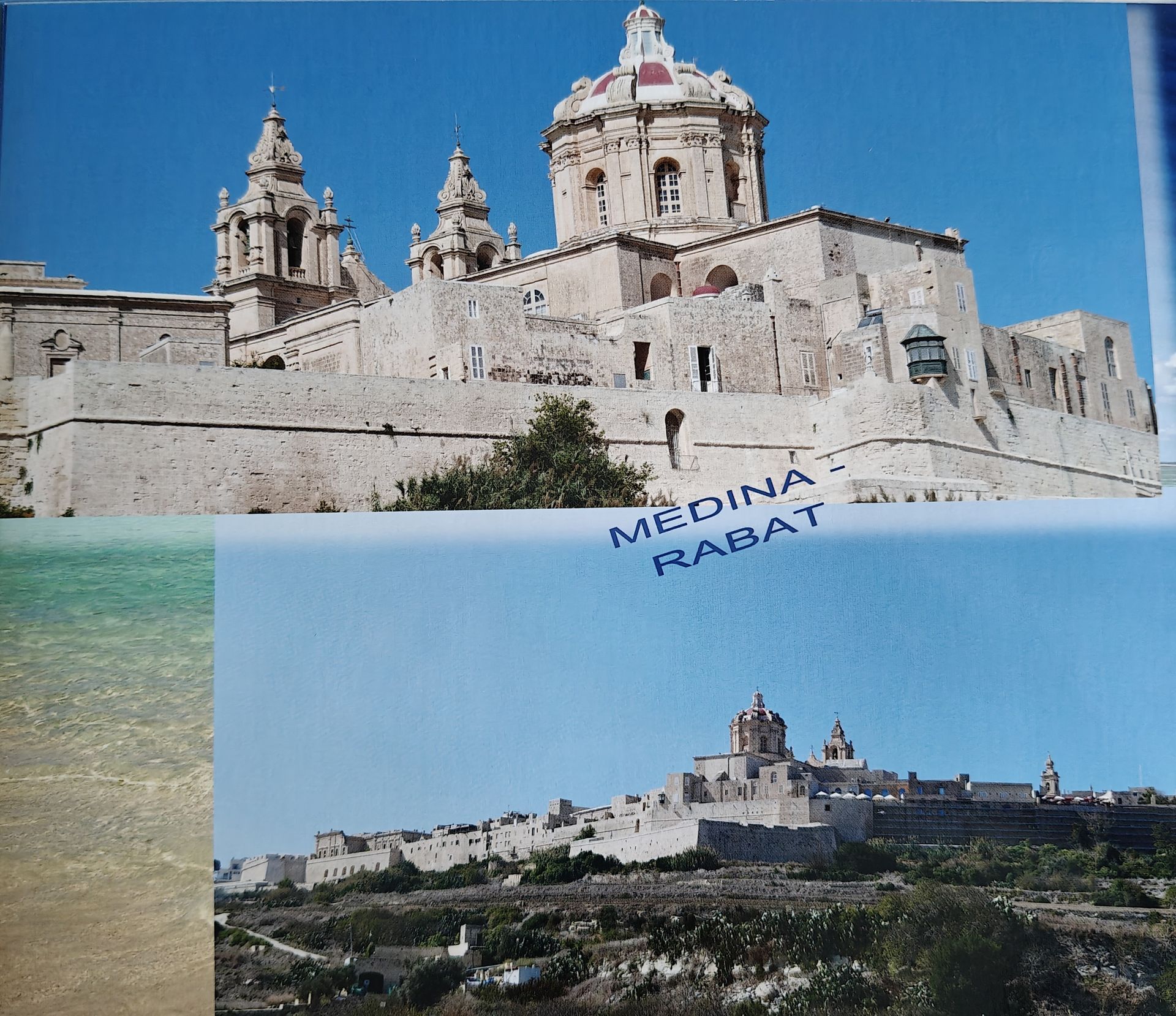 Twee gezichten op Mdina en Rabat, Malta, met stenen vestingwerken en een kathedraal met koepel onder een blauwe hemel.