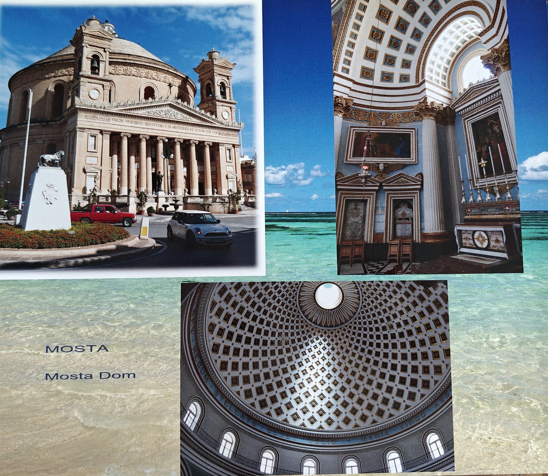 Foto's van de Rotonde van Mosta, Malta, inclusief exterieur, interieur en details van de koepel.