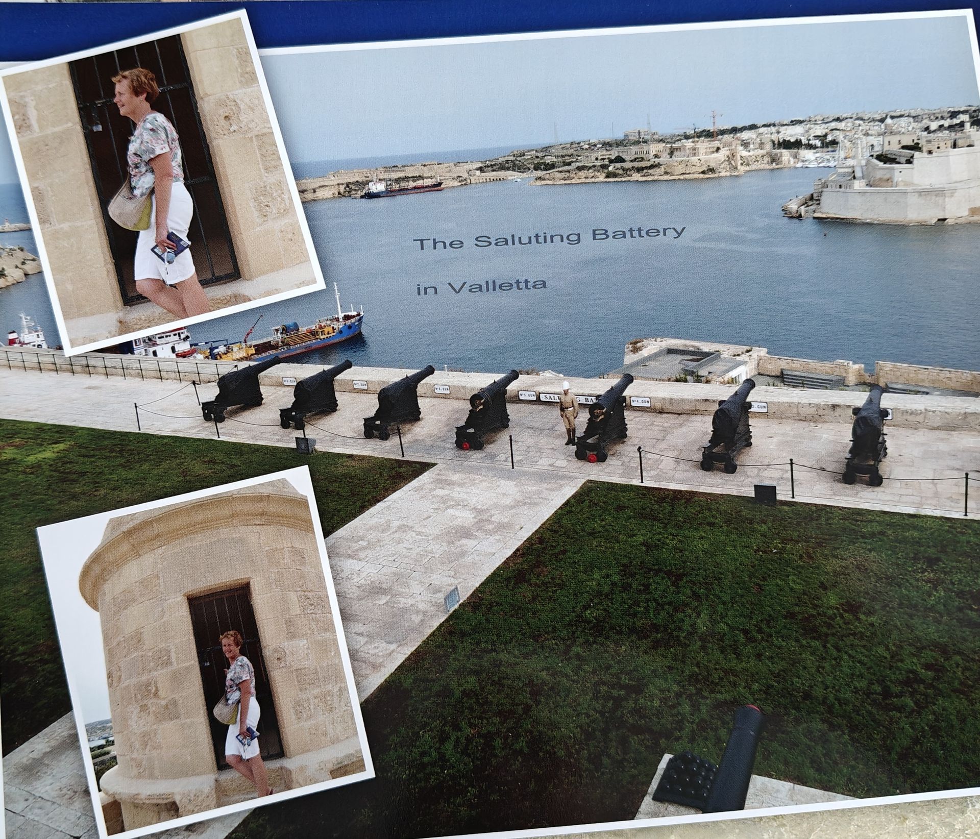 Een vrouw poseert bij kanonnen op een fort aan zee in Valletta, Malta; de zee en de haven zijn op de achtergrond te zien.