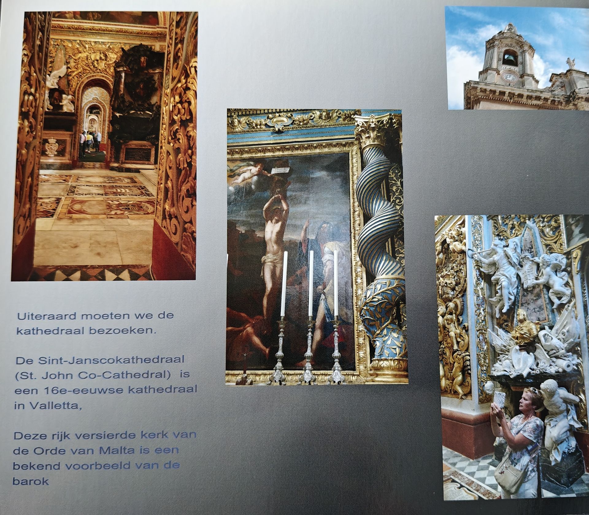 Foto's van het interieur van de Sint-Jans Co-kathedraal in Valletta, Malta, met onder andere sierlijke gouden details, kunstwerken en architectuur.