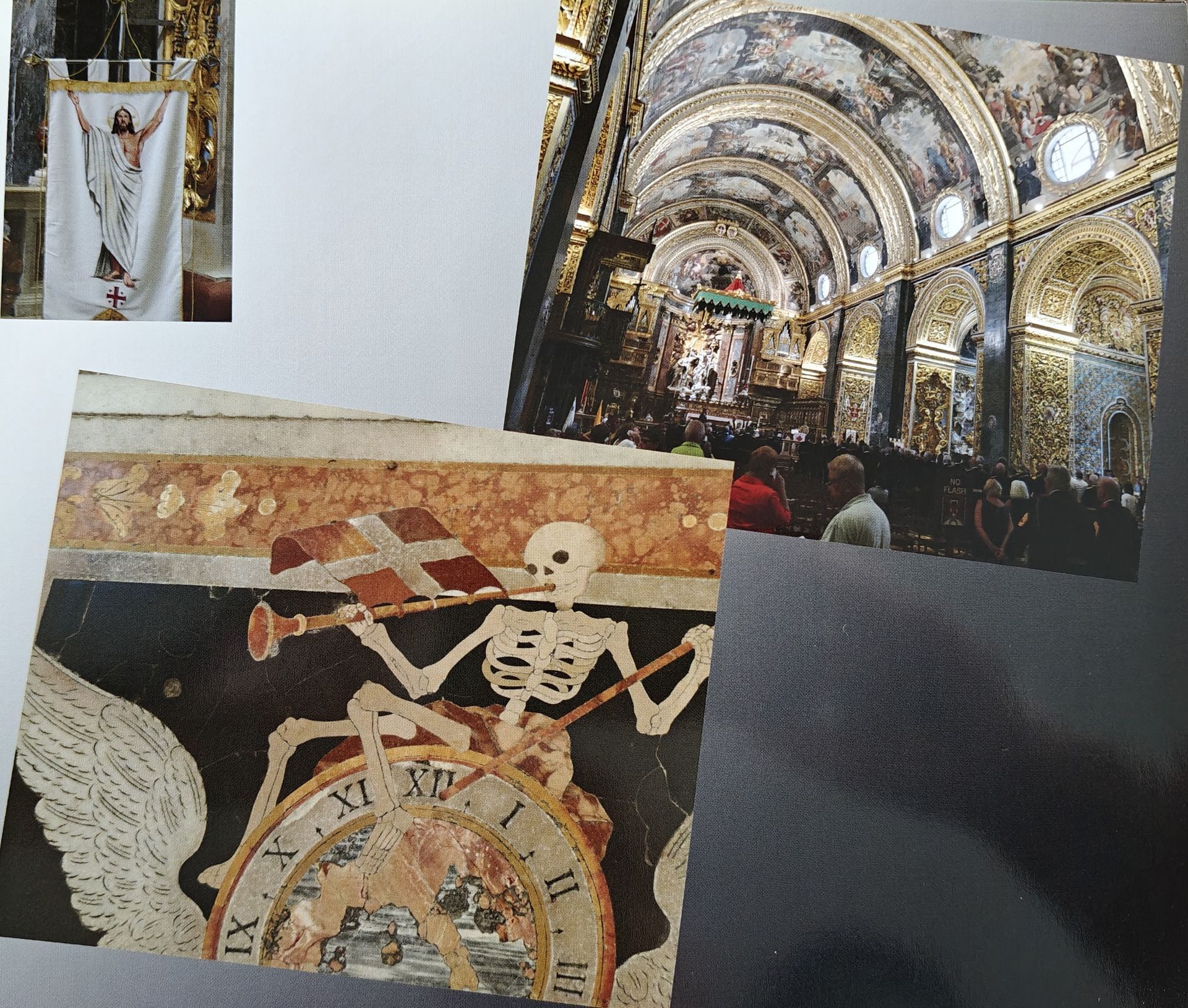 Drie religieuze afbeeldingen: een banier, een kerkinterieur en een fresco met een skelet op een klok.