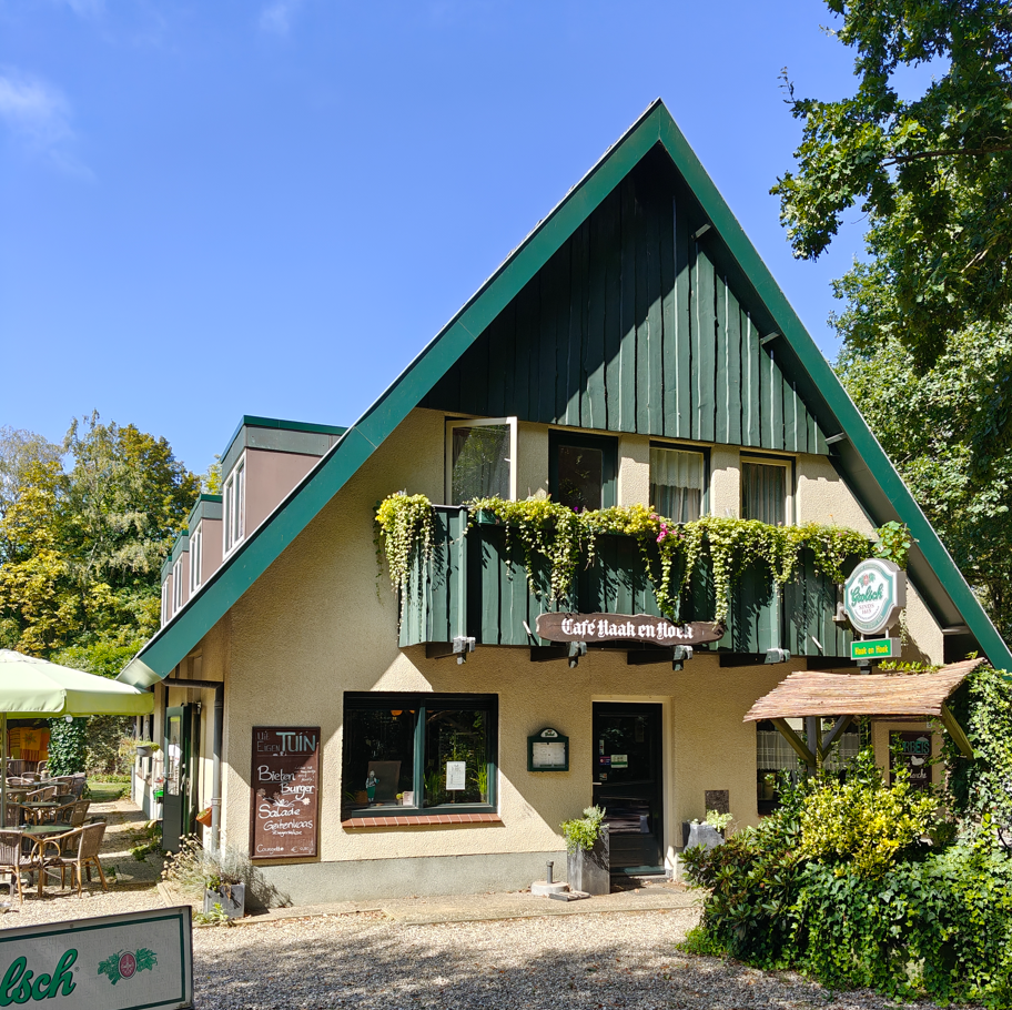 Charmant gebouw in alpine stijl met groen zadeldak, bloembakken en een café-ingang in een zonnige tuin.